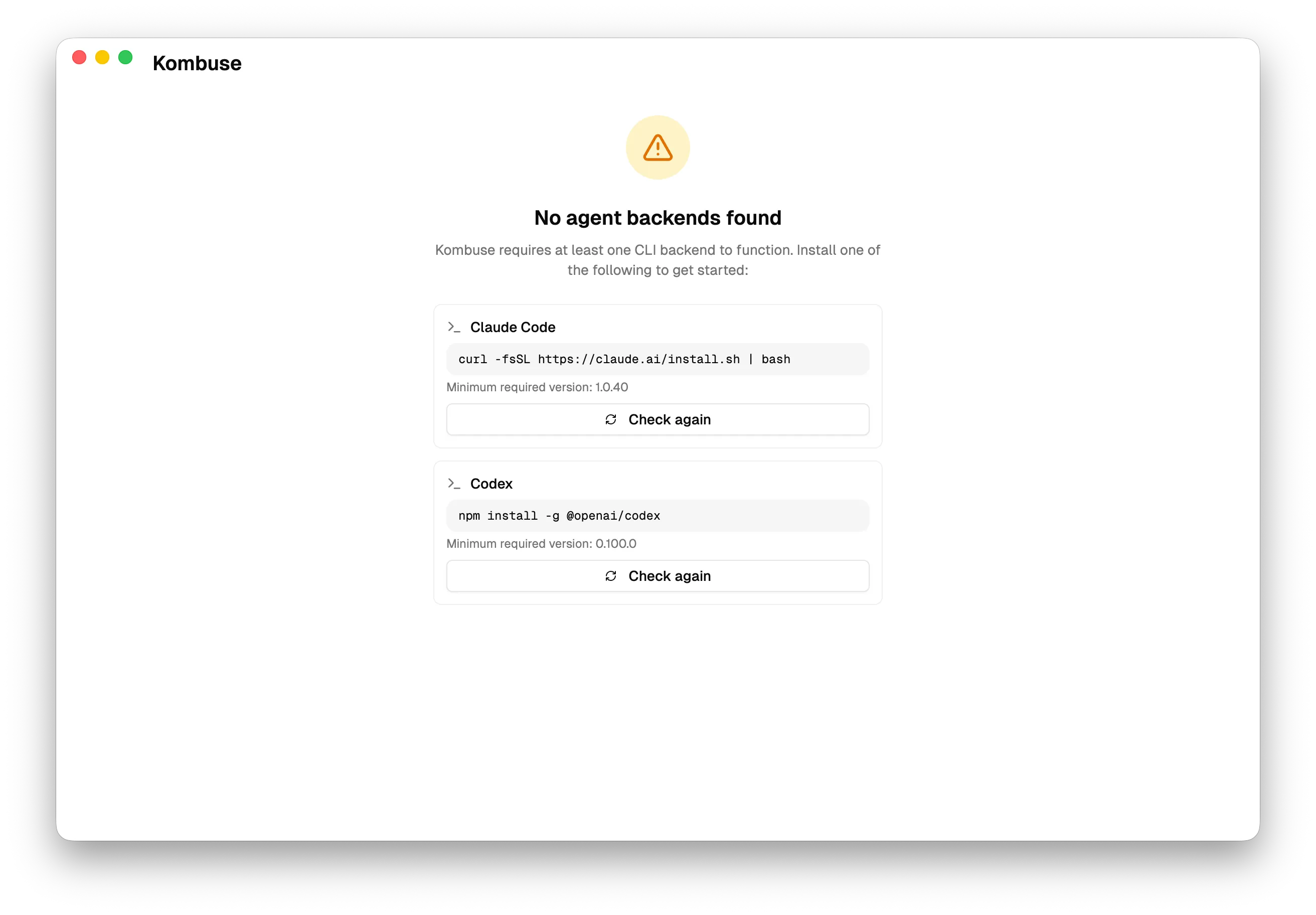Kombuse showing the backend installation screen when no CLI backends are detected