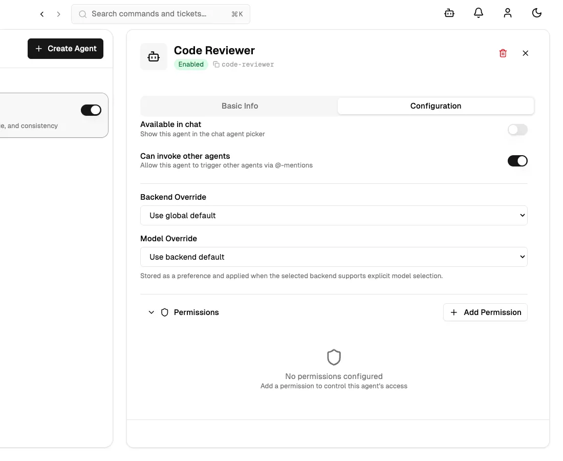 The Permissions section in the agent Configuration tab showing a collapsible panel with a Shield icon and Add Permission button