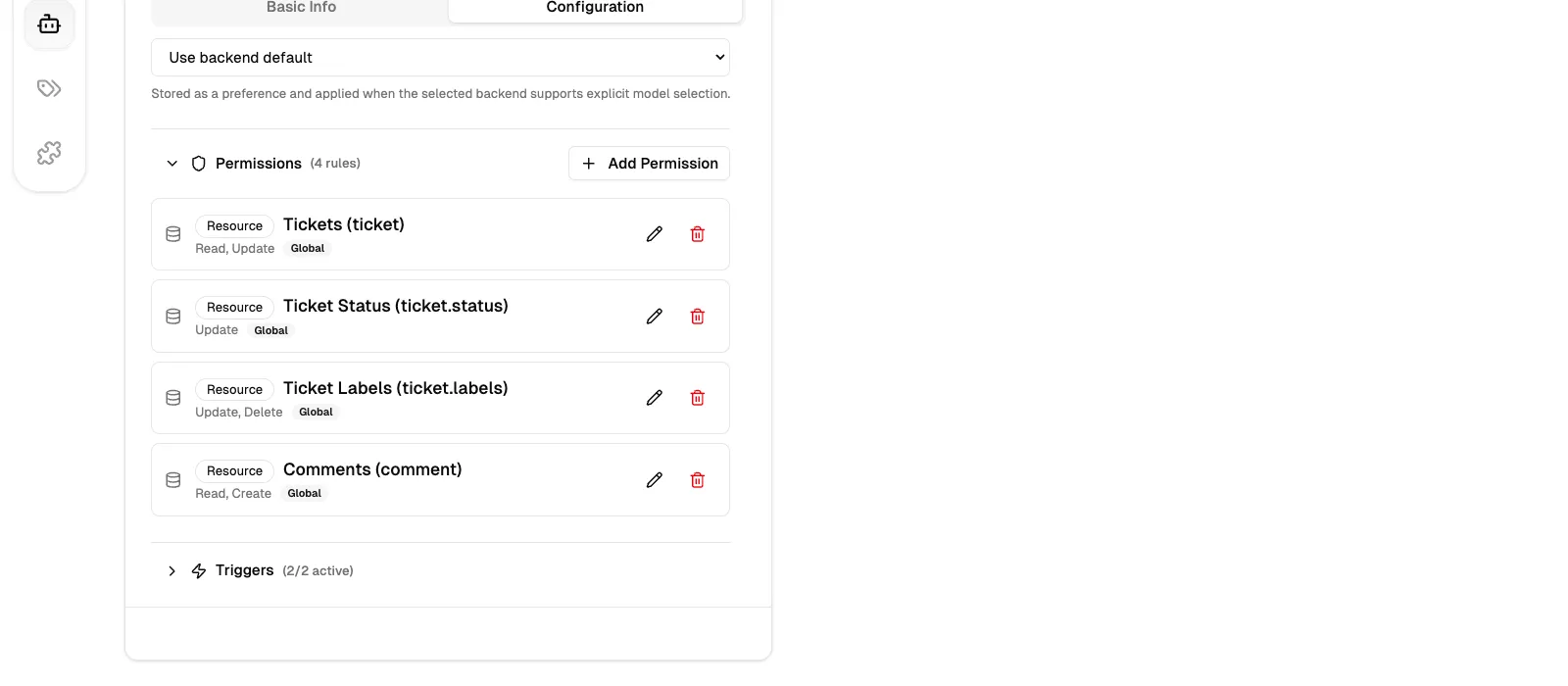 The Permissions section with code review permissions configured for tickets, labels, and comments