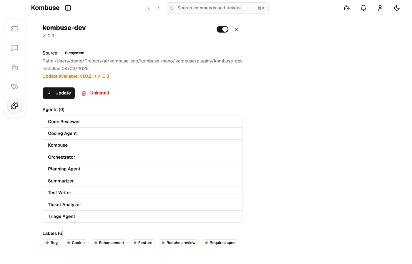 The kombuse-dev plugin detail listing the agents bundled with the kombuse-dev plugin