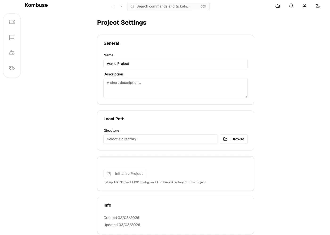 The Project Settings page showing General, Local Path, and Initialize sections