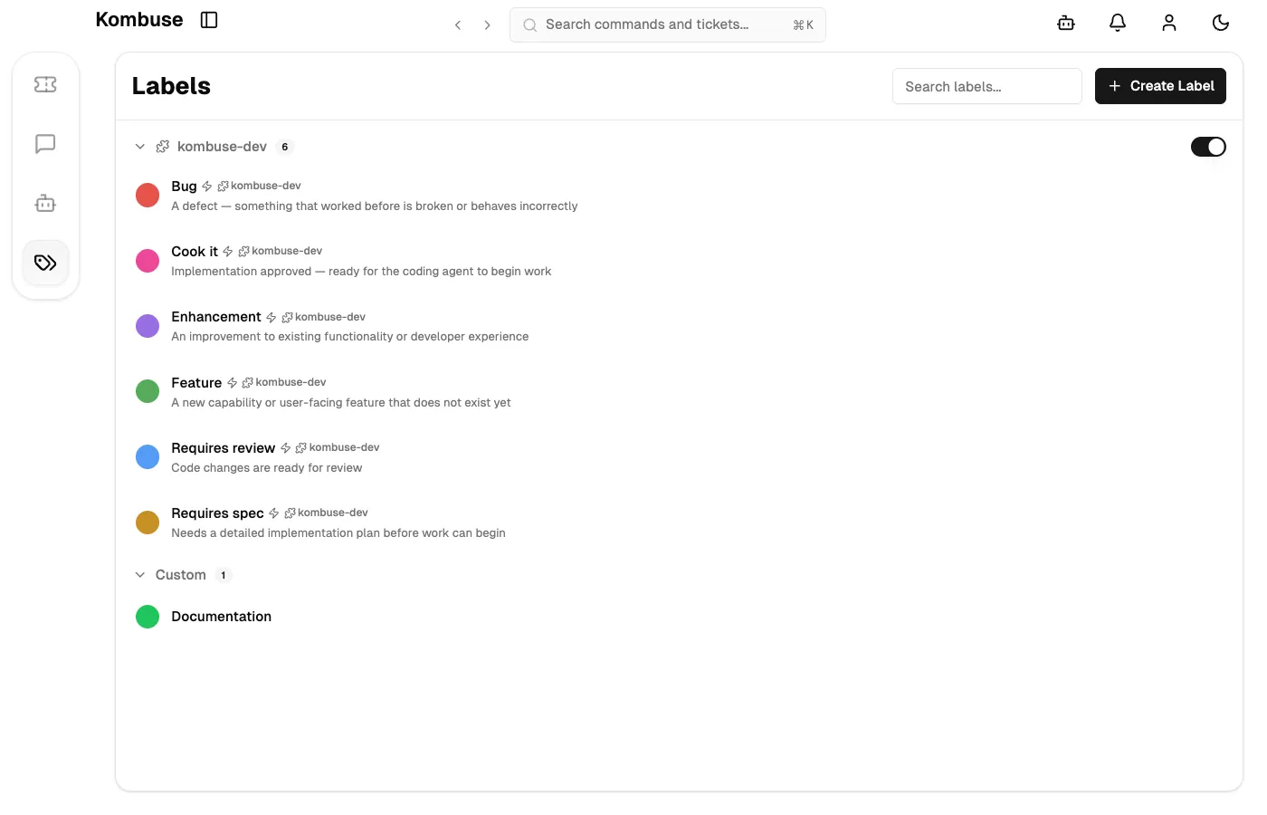 The Labels page showing label cards with the zap icon indicating they are linked to agent triggers