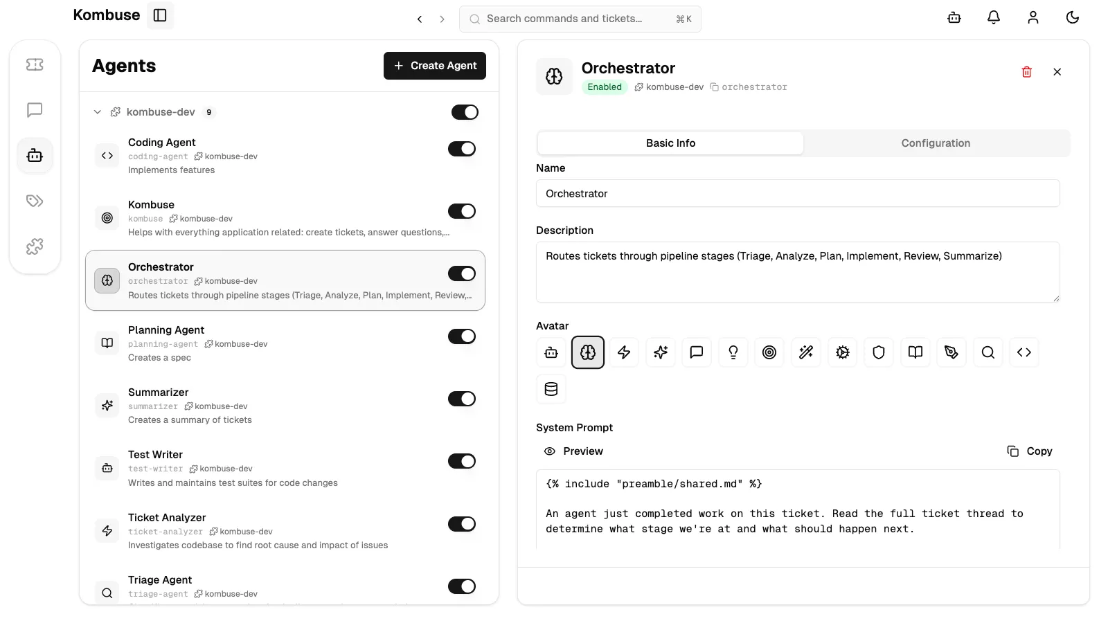 The agent detail view showing the system prompt editor on the Basic Info tab
