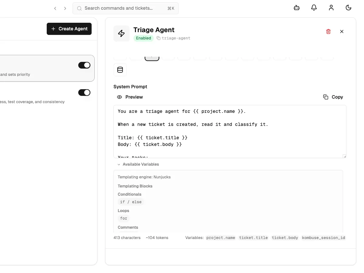 The system prompt editor with template variables panel expanded
