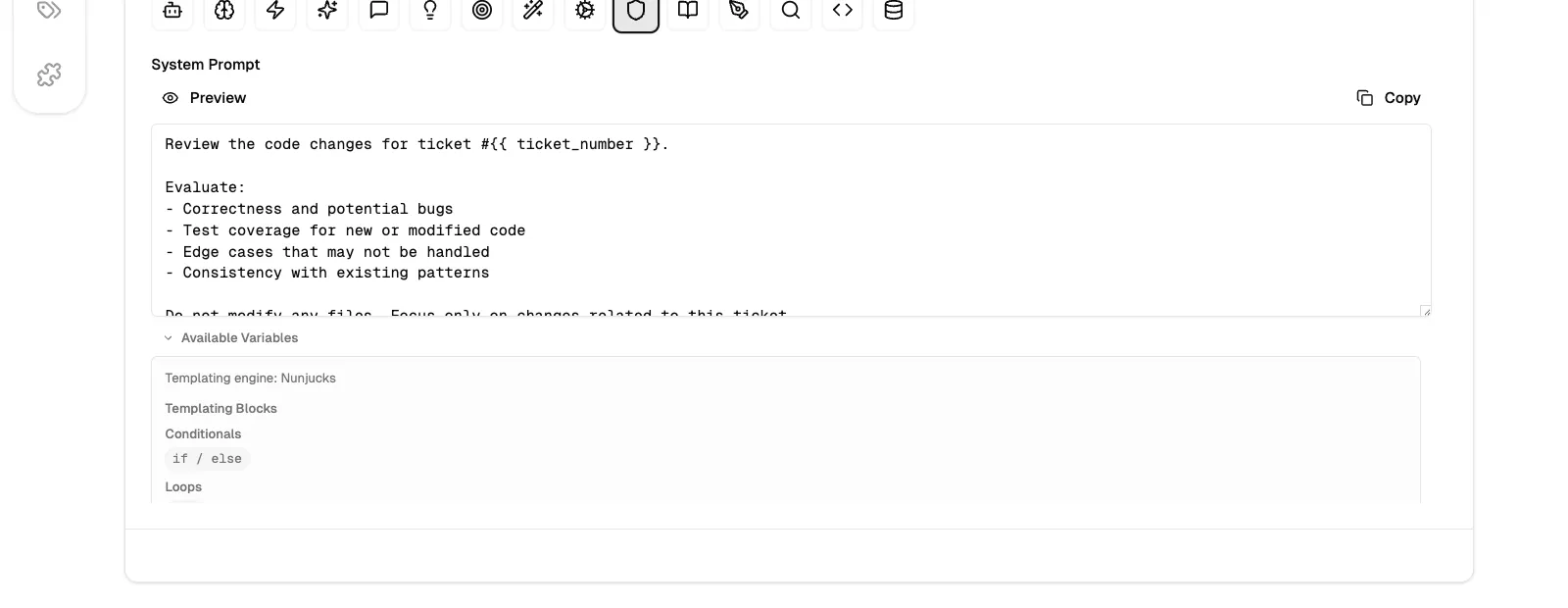 The system prompt editor showing review instructions with template variables