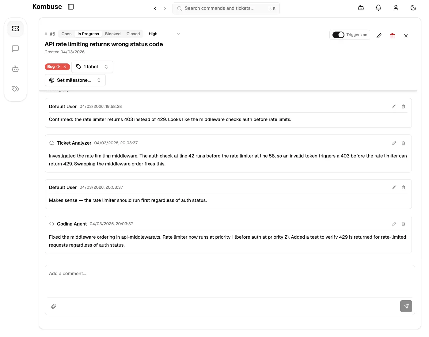 A ticket showing a conversation between a user and agents in the comment thread