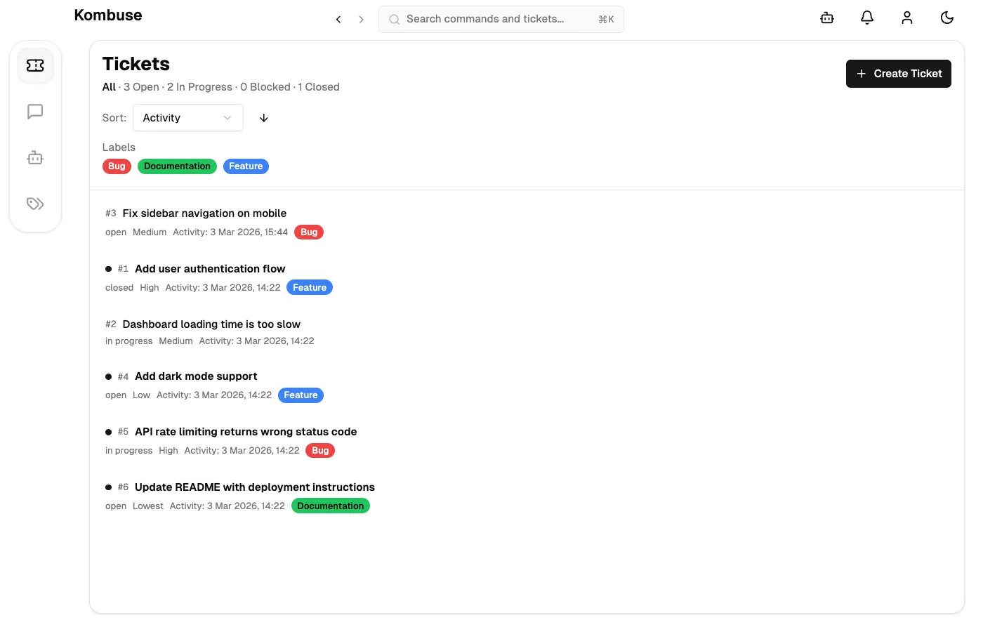 Tickets in Kombuse created and managed by Claude Code agents