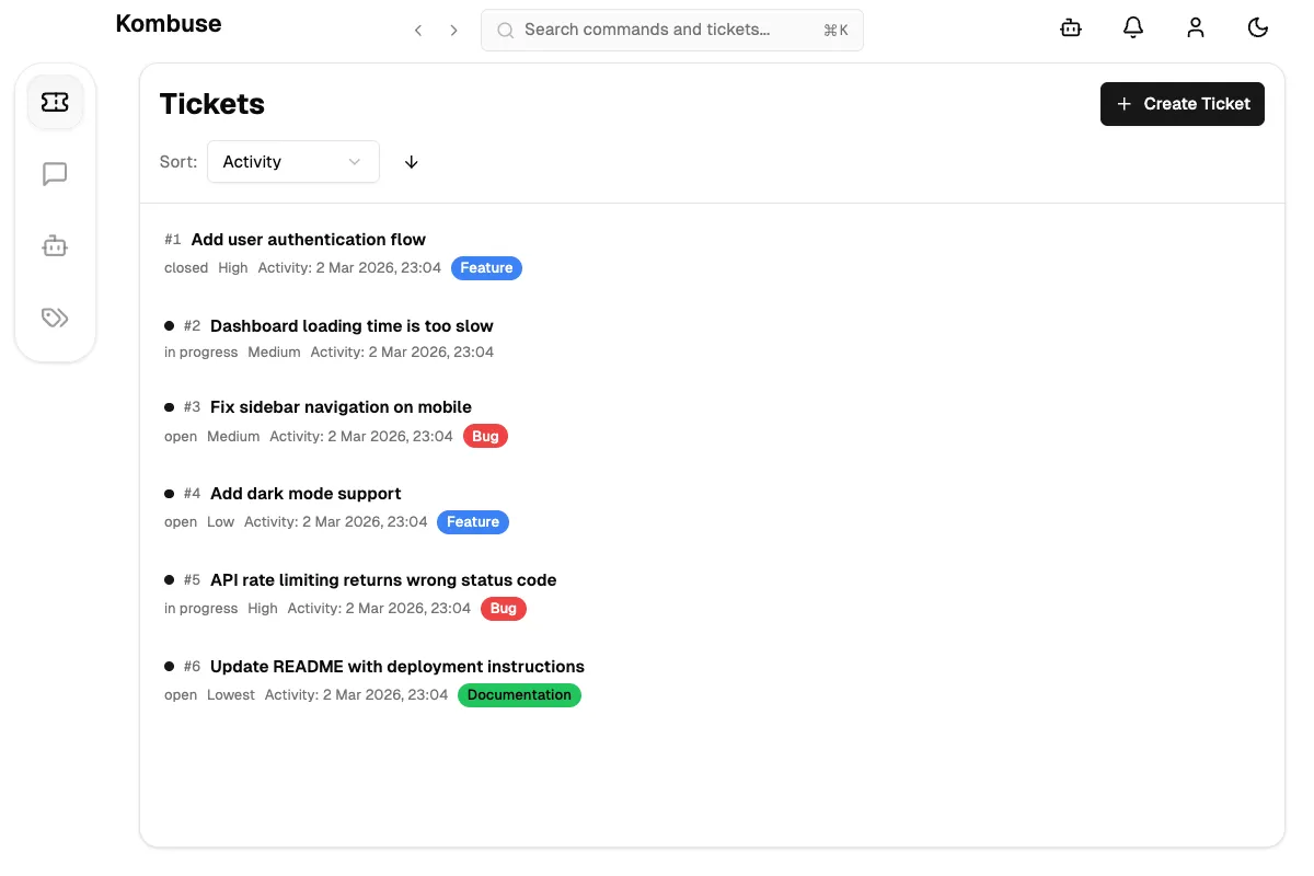 The ticket list showing open issues with statuses, labels, and activity