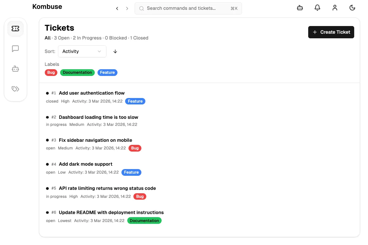 The ticket list showing tickets with status badges, priority, labels, and unread indicators