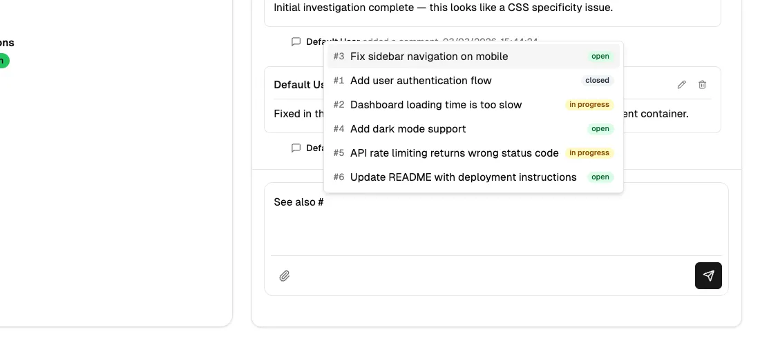 The ticket reference autocomplete dropdown showing matching tickets with their number, title, and status badge