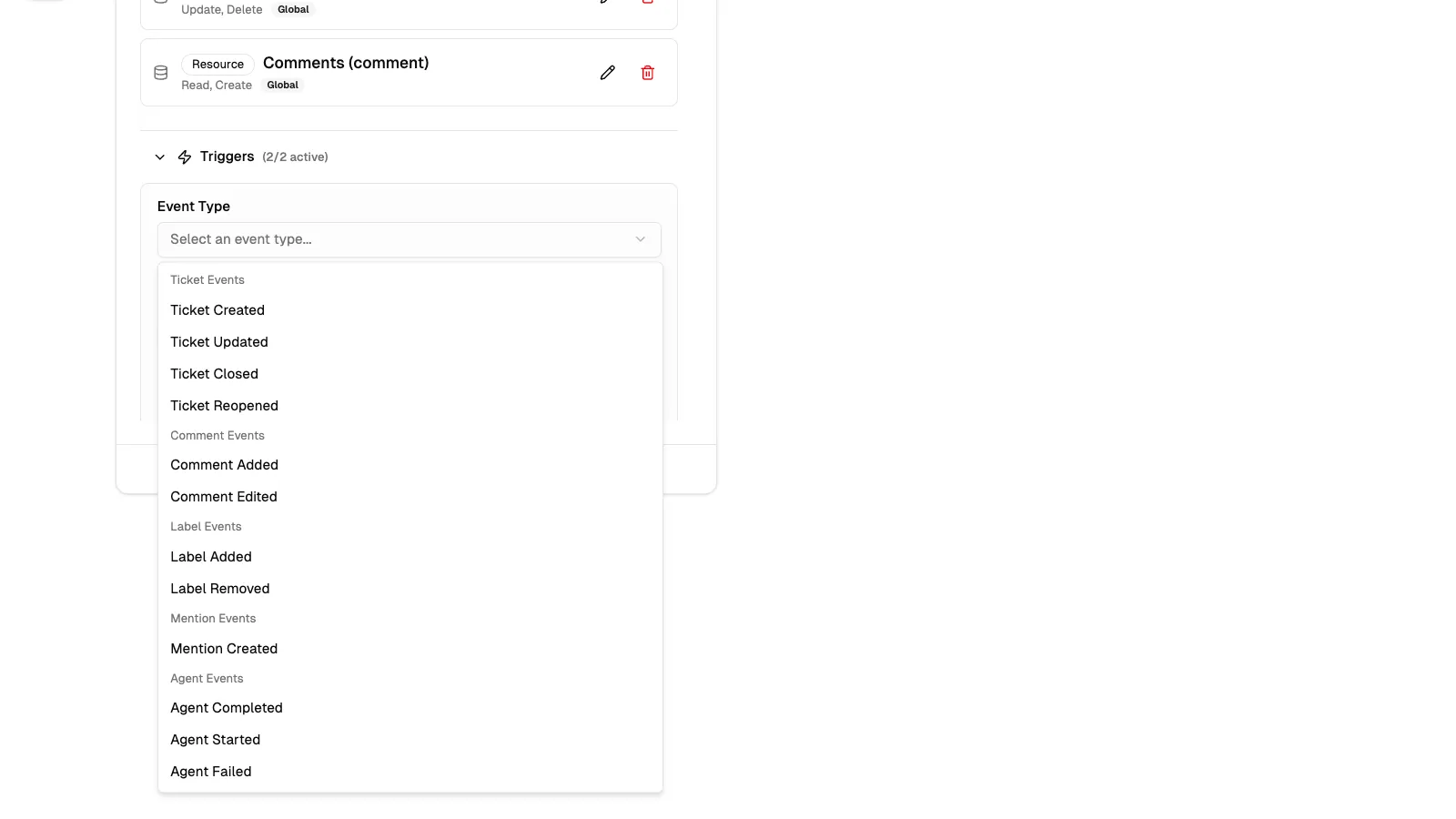 The trigger creation form with the Event Type dropdown open showing grouped event categories