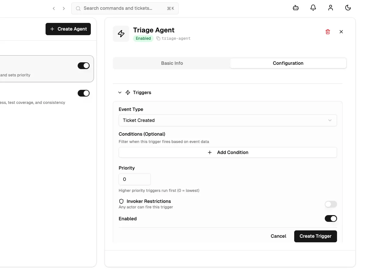 The trigger form with Ticket Created event type selected