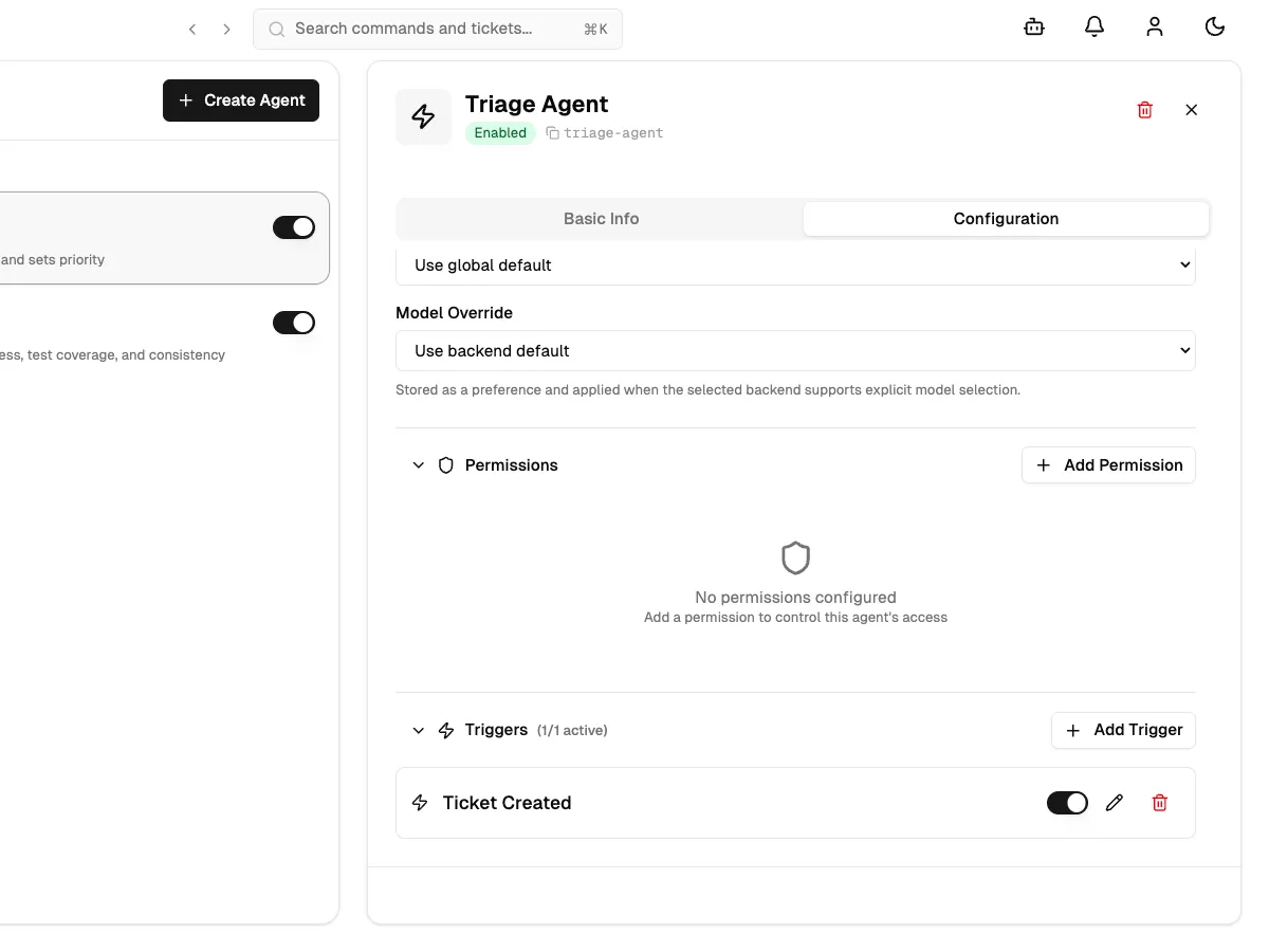 The Triggers section showing the configured Ticket Created trigger