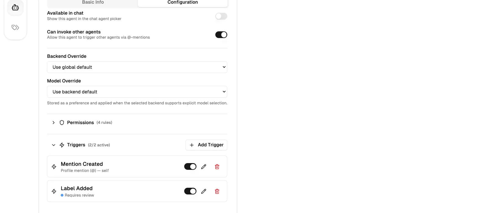 The Triggers section showing both configured triggers with enable/disable toggles