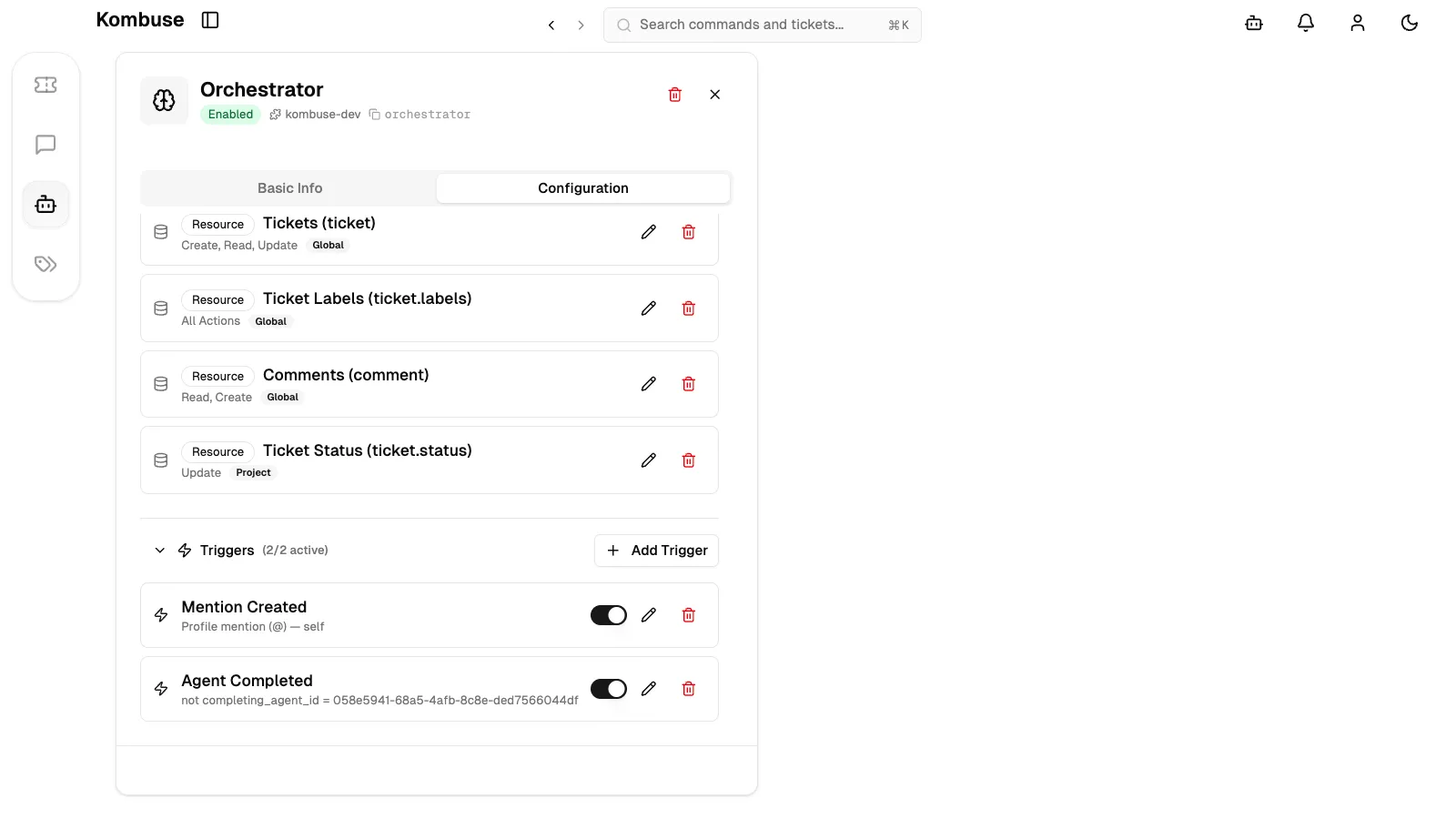 The Triggers section in the agent Configuration tab showing configured triggers with enable toggles